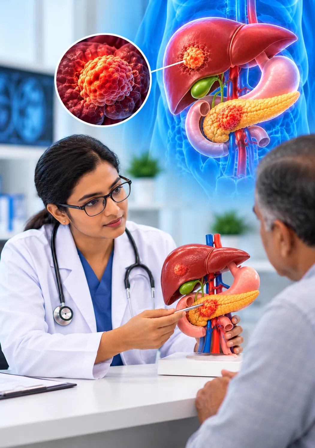 Doctor Explaining Liver and Pancreas Anatomyd